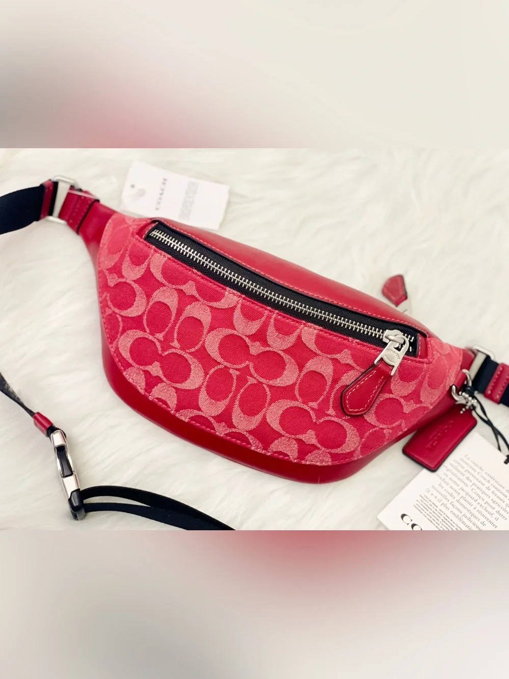 NWT Coach Warren Mini Signature Denim & Leather Belt Bag CAJ43 Ruby Red
